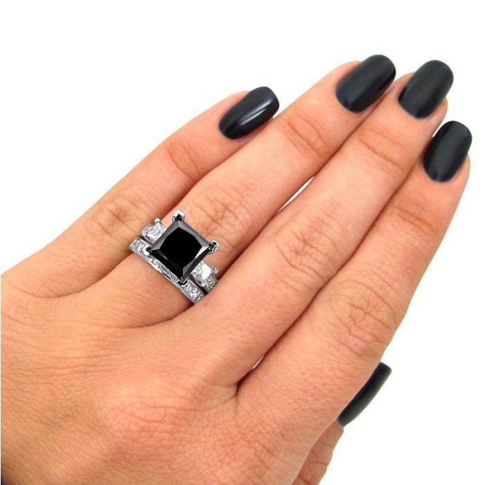 4.90 Carat Black 3 Stone Princess Cut Diamond Engagement Ring Bridal Set 14K White Gold