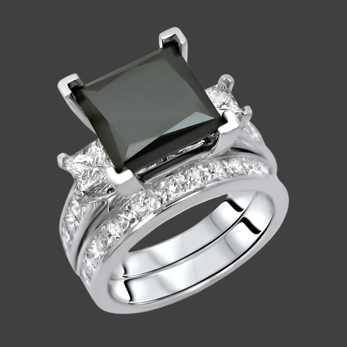 4.90 Carat Black 3 Stone Princess Cut Diamond Engagement Ring Bridal Set 14K White Gold