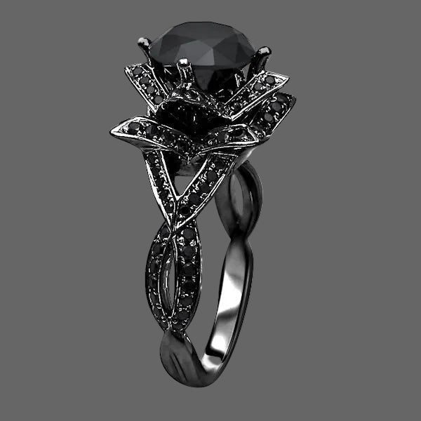 2.80 Carat Lotus Flower Engagement Ring Black Round Diamond 14k Black Solid Gold