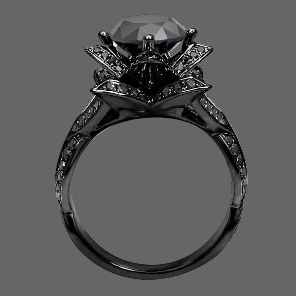 2.80 Carat Lotus Flower Engagement Ring Black Round Diamond 14k Black Solid Gold