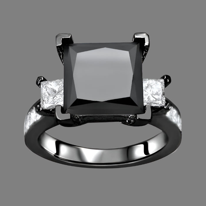 4.10 Carat Black 3 Stone Princess Cut Diamond Engagement Ring 14K Black Gold
