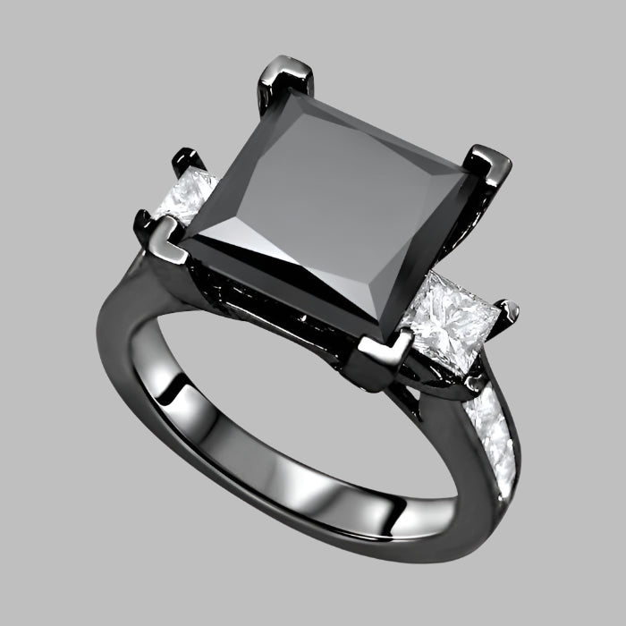 4 Carat Black 3 Stone Princess Cut Diamond Ring 14K Black Gold