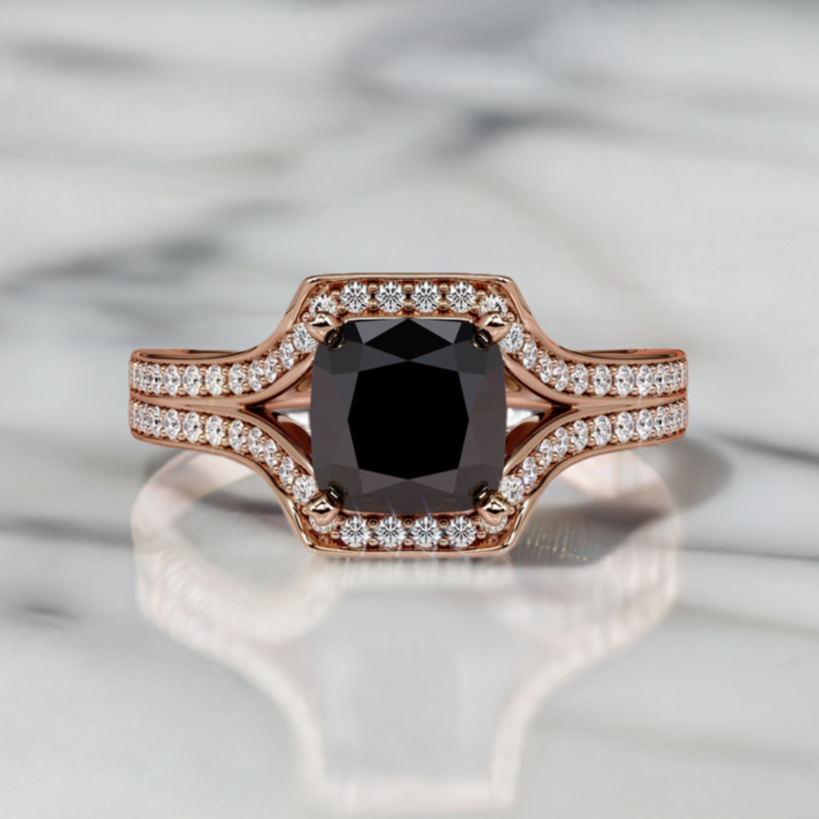 4 Carat Natural Black Diamond Cushion Engagement Ring 14K Gold