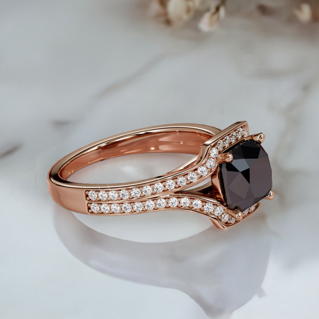 4 Carat Natural Black Diamond Cushion Engagement Ring 14K Gold 2