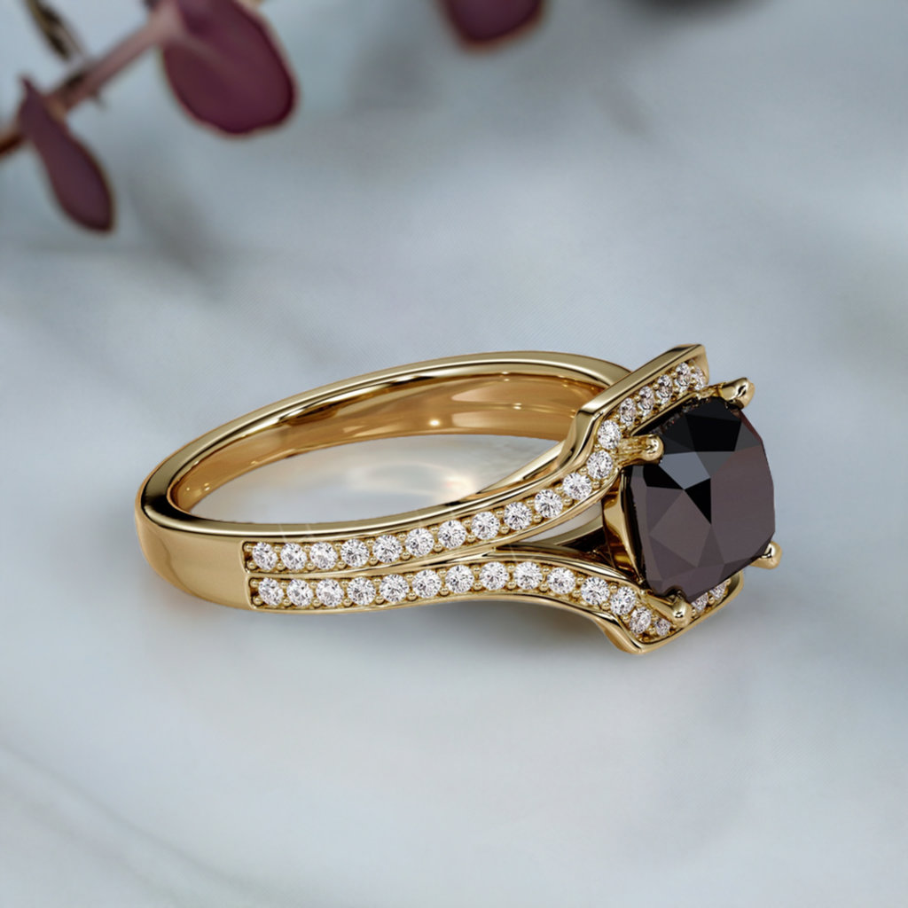 4 Carat Natural Black Diamond Cushion Engagement Ring 14K Yellow Gold