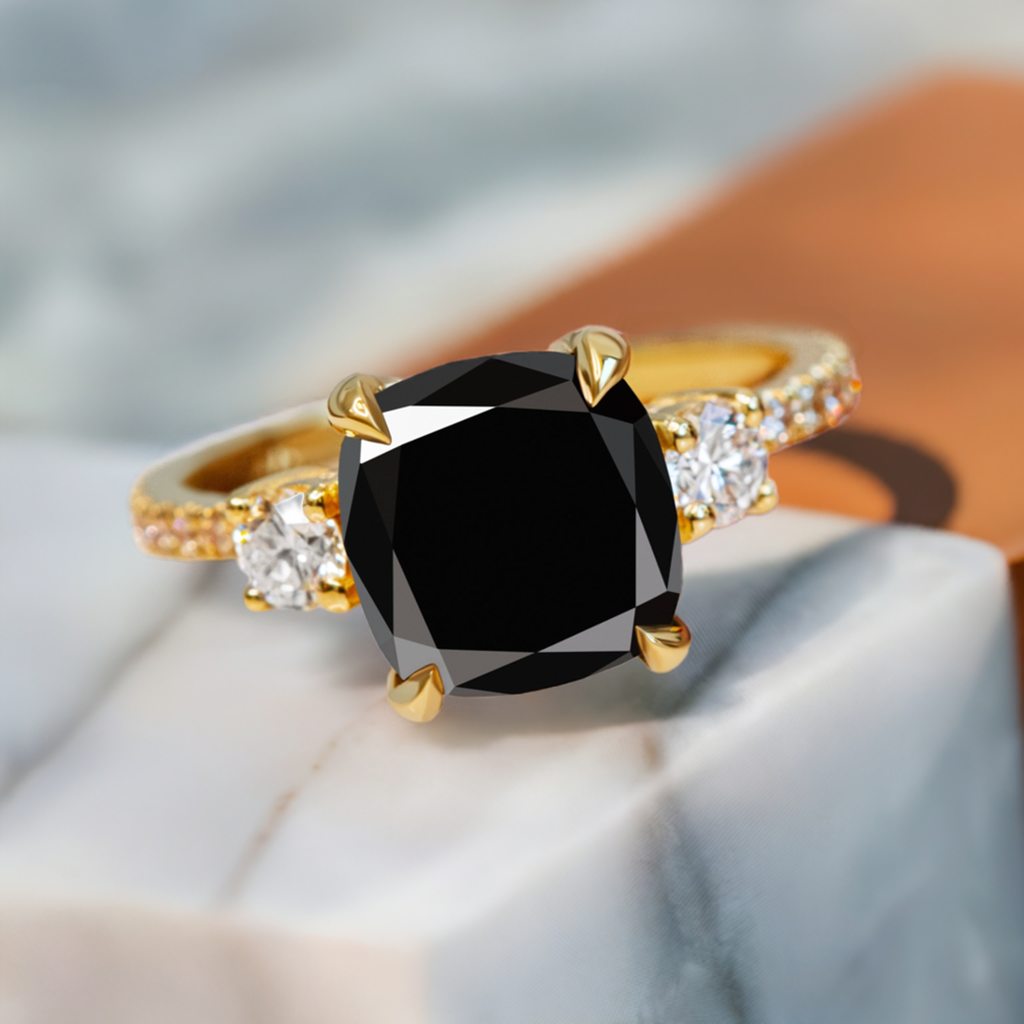 5.10 Carat Three Stone Natural Black Diamond Cushion Engagement Ring 14K Yellow Gold