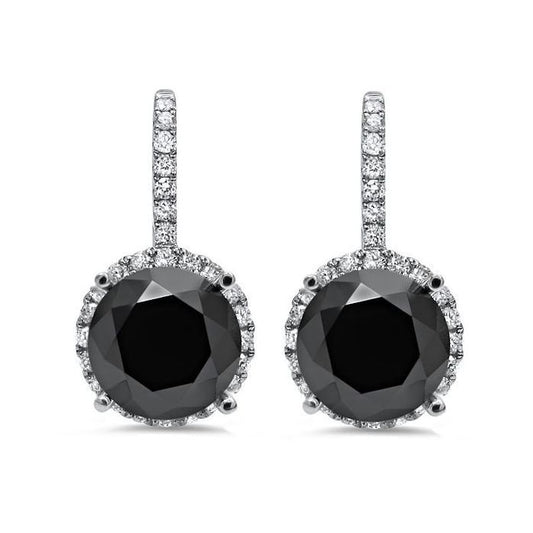 5.50ct Black Round Diamond Dangle Hoop Earrings Solid White Gold