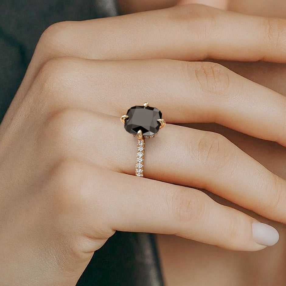5.70 Carat Natural Black Diamond Cushion Engagement Ring 14K Solid Gold 10