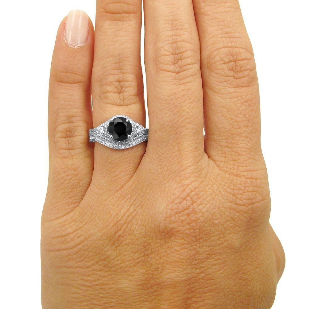 2.20 Carat Black Round Diamond 14k White Solid Gold Engagement Ring Bridal Set