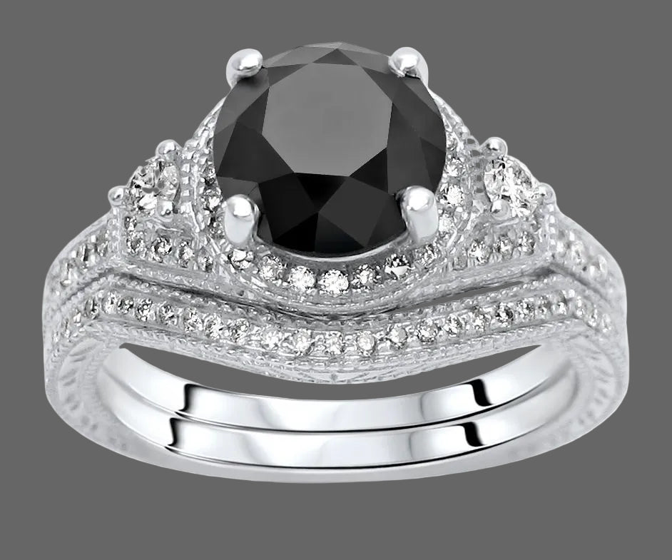 2.20 Carat Black Round Diamond 14k White Solid Gold Engagement Ring Bridal Set