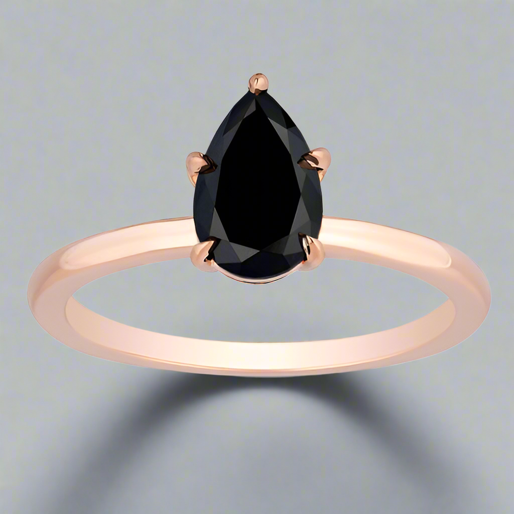 1 Carat Natural Diamond Solitaire Ring Black Diamond Pear Shape 14K Rose Gold Engagement Ring