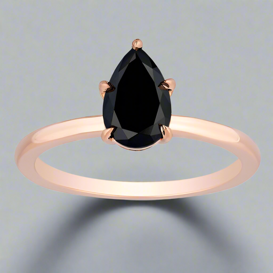 1 Carat Natural Diamond Solitaire Ring Black Diamond Pear Shape 14K Rose Gold Engagement Ring