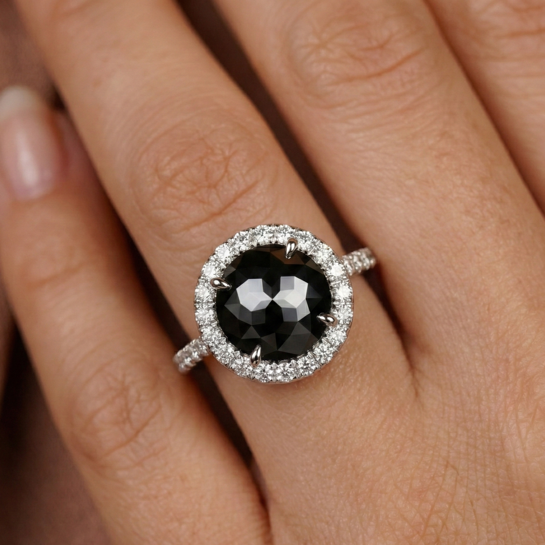 4 Carat Rose Cut Black Diamond Halo Engagement Ring 14K White Gold