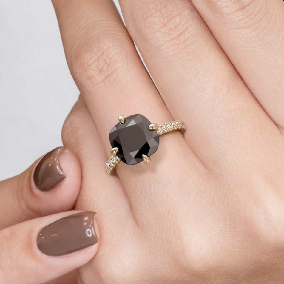 5.70 Carat Natural Black Diamond Cushion Engagement Ring 14K Solid Gold 7