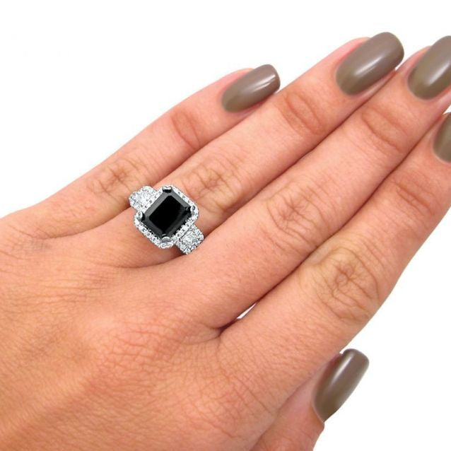 4 Carat Black Emerald Cut Diamond Engagement Ring Vintage Style 14k White Gold