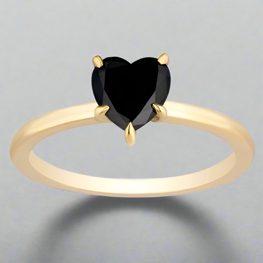 0.50 Carat Black Diamond Solitaire Ring Heart Shape 14K Yellow Gold Engagement Ring