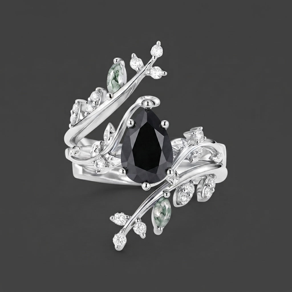2 Carat Nature Inspired Black Pear Cut Diamond Cage Leafy Ring With Set