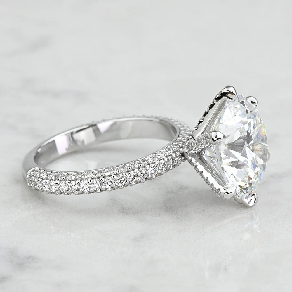 6 Carat Round Three Sided Micro Pave Lab Diamond Engagement Ring