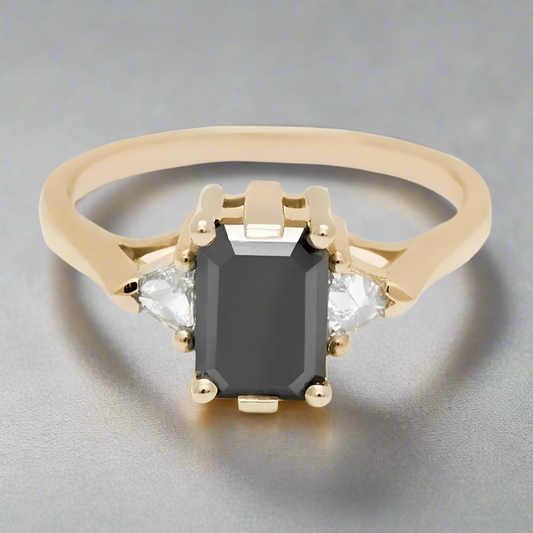 Trillion Three Stone Emerald Black Diamond Ring 14K Rose Gold