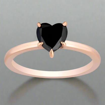 1 Carat Natural Diamond Solitaire Ring Black Diamond Heart Shape 14K Rose Gold Engagement Ring