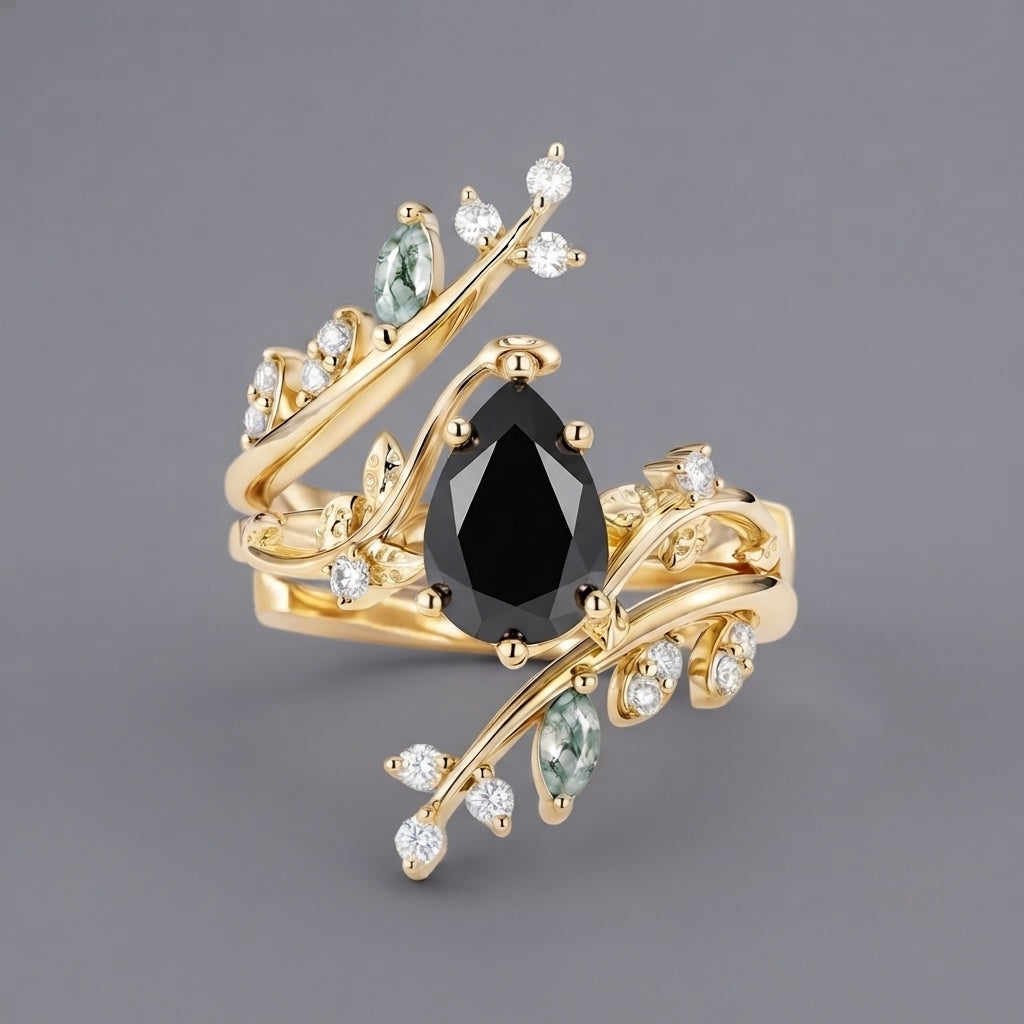 2 Carat Nature Inspired Black Pear Cut Diamond Cage Leafy Ring With Set
