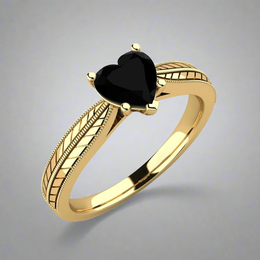 Black Diamond Heart Ring Delphine 14K Yellow Gold