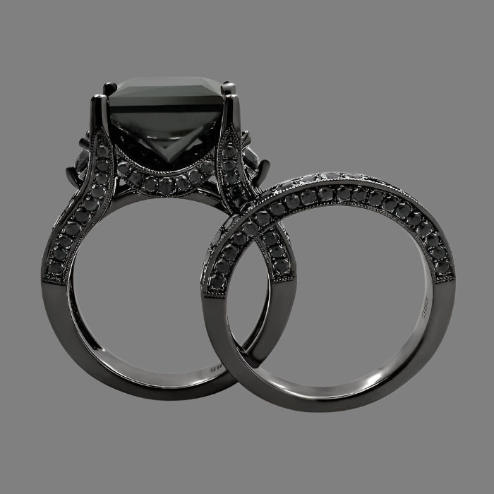 9 Carat Black Princess Cut Diamond Engagement Ring Bridal Set 14k Black Gold 6