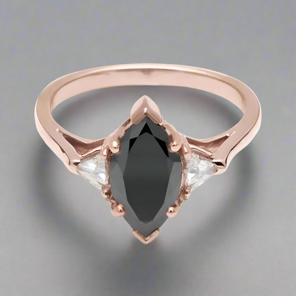 Trillion Three Stone Marquise Black Diamond Ring 14K Rose Gold