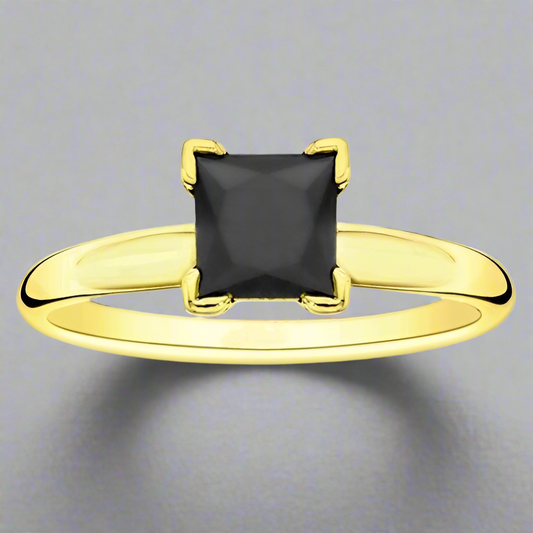 1 Carat Princess Cut Black Diamond Solitaire Ring 14K Yellow Gold Engagement Ring