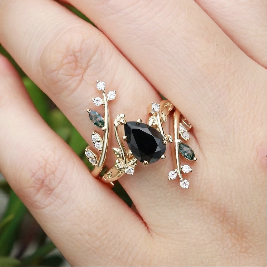 2 Carat Nature Inspired Black Pear Cut Diamond Cage Leafy Ring With Set