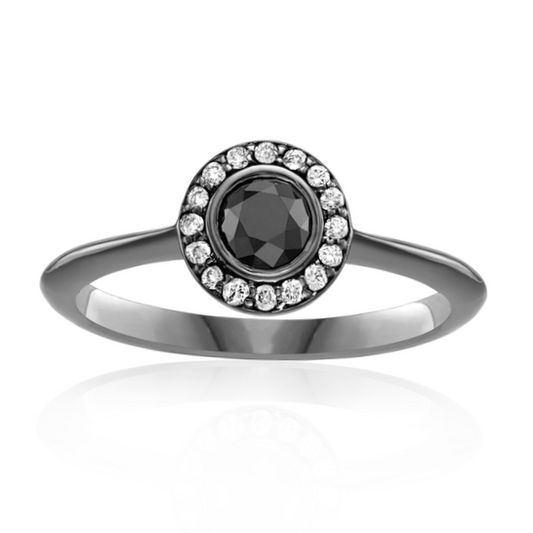 Ava Halo Black and White Diamond Ring 14k Black Gold