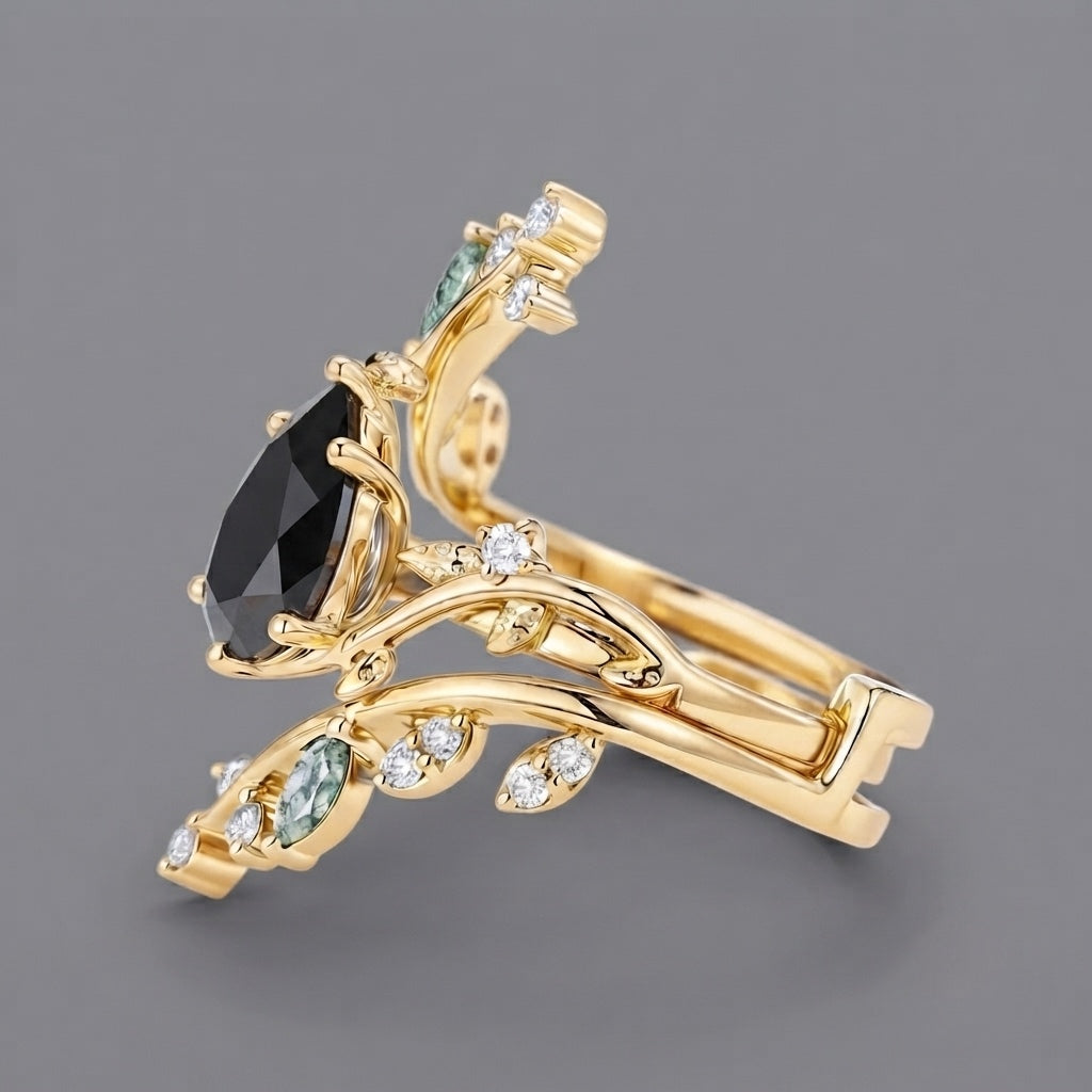 2 Carat Nature Inspired Black Pear Cut Diamond Cage Leafy Ring With Set