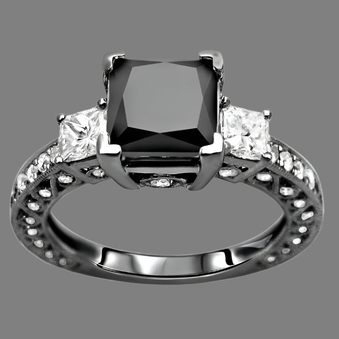 3.20 Carat Black 3 Stone Princess Cut Diamond Engagement Ring 14K Black Gold Vintage Style