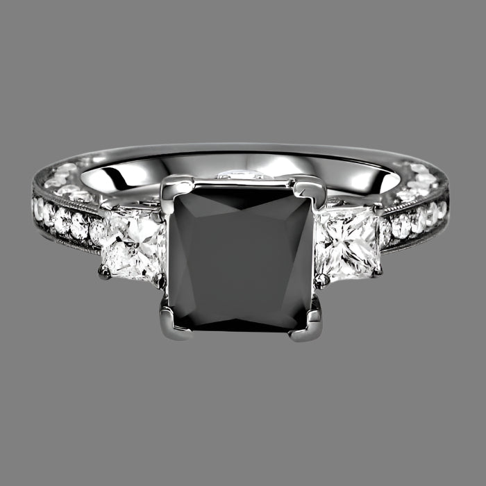 3.20 Carat Black 3 Stone Princess Cut Diamond Engagement Ring 14K Black Gold Vintage Style
