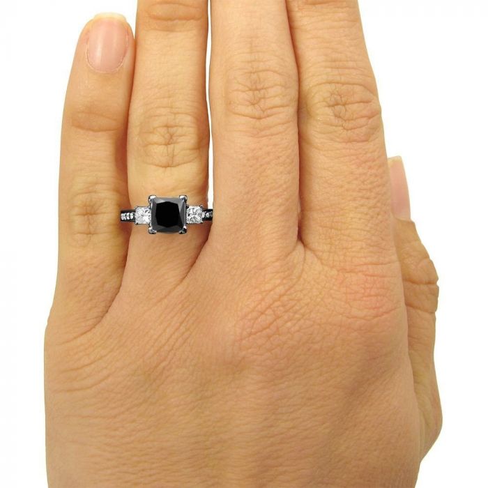 3.20 Carat Black 3 Stone Princess Cut Diamond Engagement Ring 14K Black Gold Vintage Style