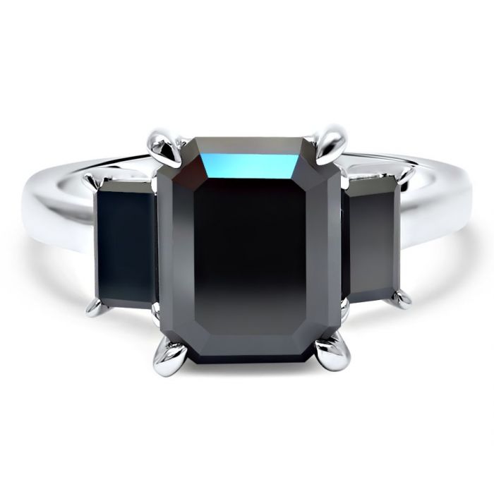 3.50ct Black Emerald Cut Diamond 3 Stone Engagement Ring 14K White Gold