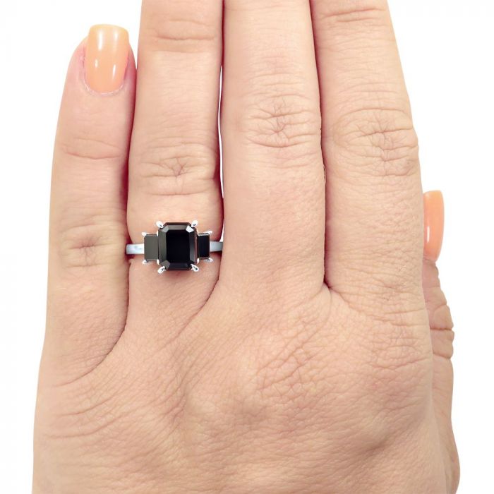3.50ct Black Emerald Cut Diamond 3 Stone Engagement Ring 14K White Gold