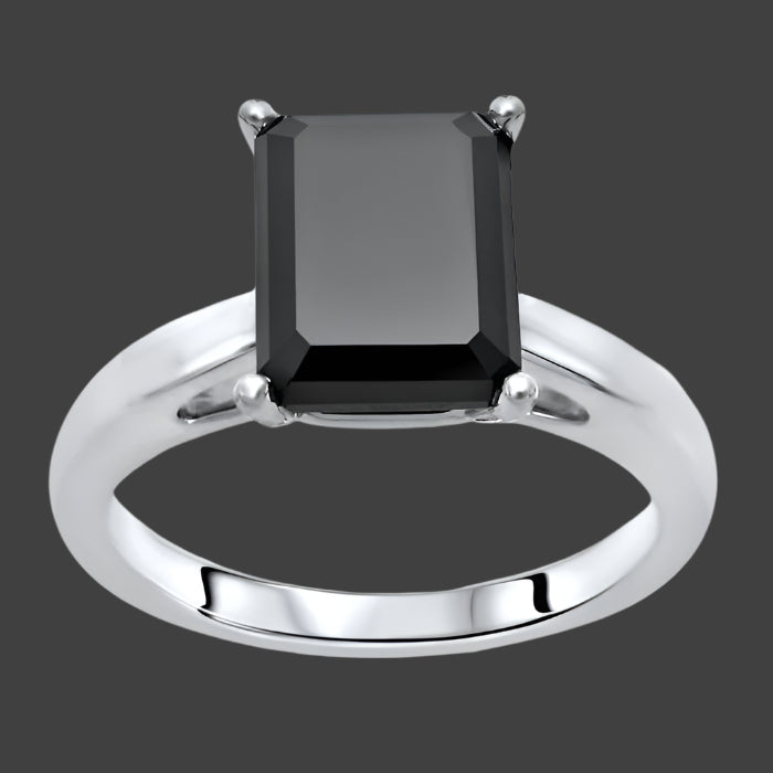 2.65 Carat Black Emerald Cut Diamond Solitaire Engagement Ring 14K White Solid Gold