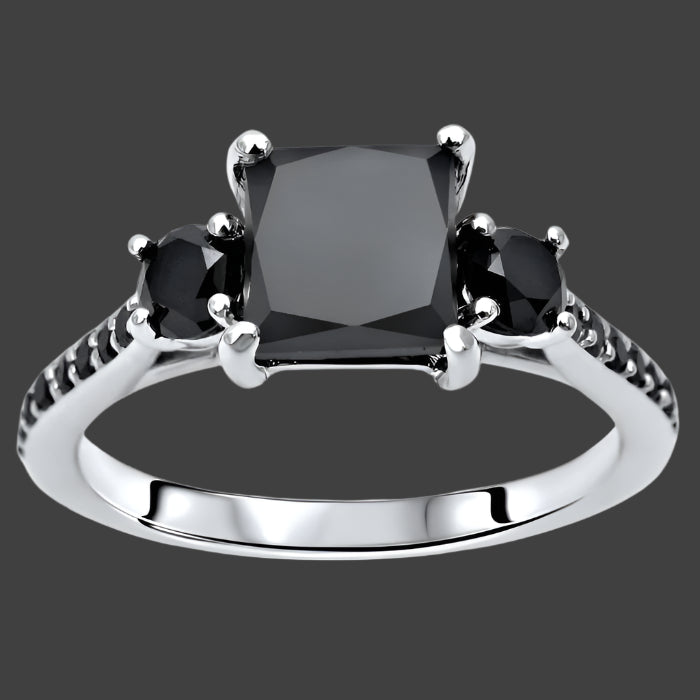 2.15 Carat Black Princess Cut 3 Stone Diamond Engagement Ring 14K White Solid Gold
