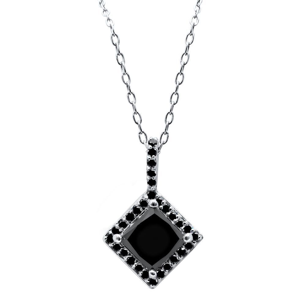 1.69 Carat Black Princess Cut Diamond 14k Solid Gold Black Halo Pendant