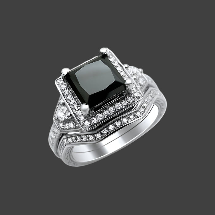 2ct Black Princess Cut Diamond Engagement Ring Bridal Set 14K White Solid Gold