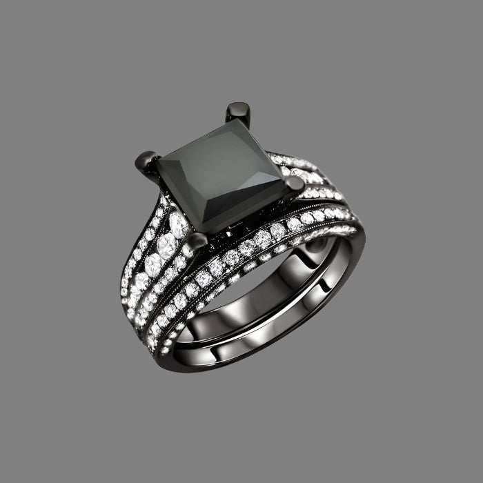 4 Carat Black Princess Cut Diamond Engagement Ring Wedding Band Set 18K Black Gold