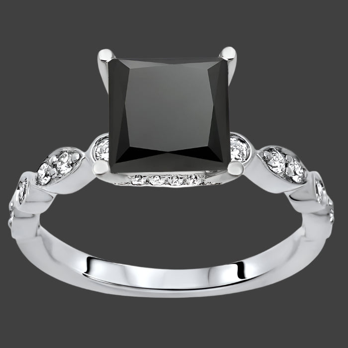 2 carat Black Princess Cut Diamond Hidden Halo Engagement Ring 14K White Solid Gold