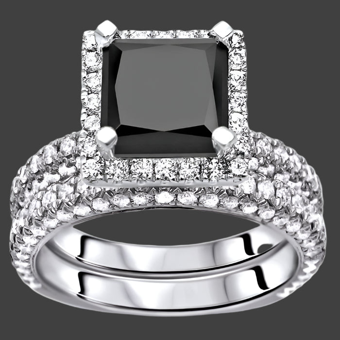 4.60 Carat Black Princess Cut Halo Diamond Engagement Ring Bridal Set 14K White Gold