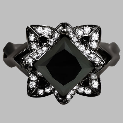 2 Carat Black Princess Cut Lotus Flower Diamond Engagement Ring 14K Black Gold