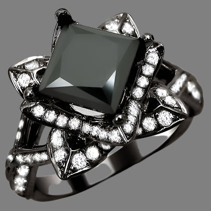 2.50 Carat Black Princess Cut Lotus Flower Diamond Engagement Ring 14K Black Gold