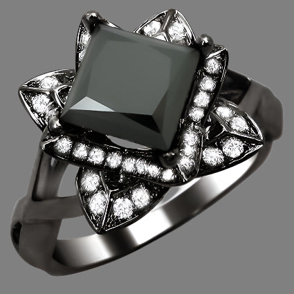 2 Carat Black Princess Cut Lotus Flower Diamond Engagement Ring 14K Black Gold