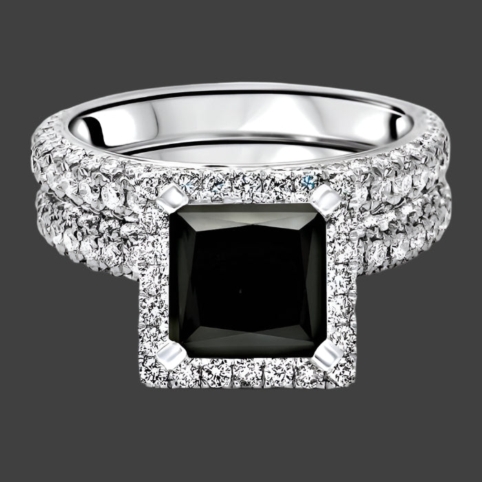 Black Princess Cut Halo Diamond Engagement Ring Bridal Set 14K White Solid Gold
