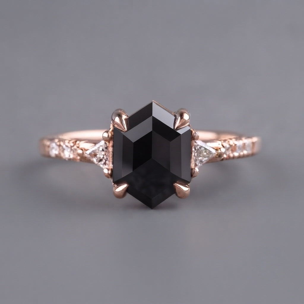 2 Carat Black Hexagon Diamond Engagement Ring, 14K Rose Gold