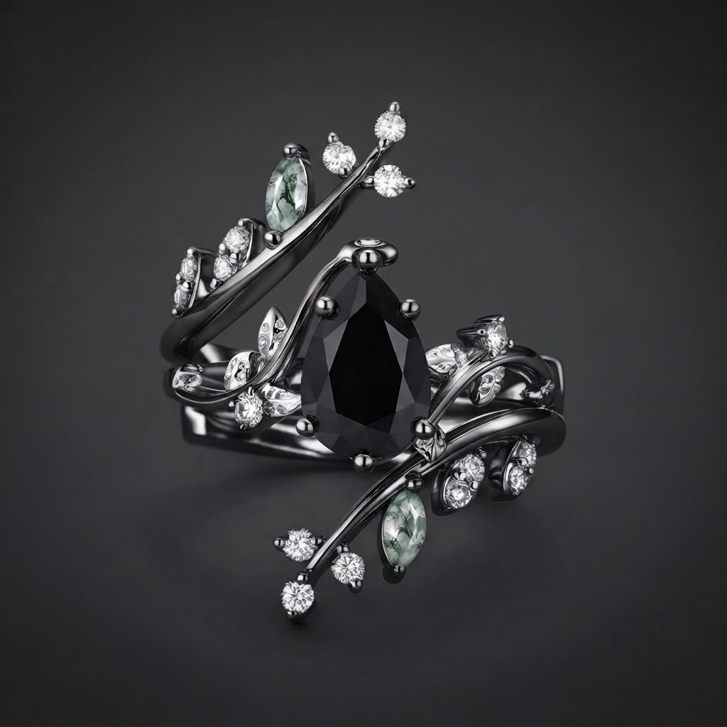 2 Carat Nature Inspired Black Pear Cut Diamond Cage Leafy Ring With Set